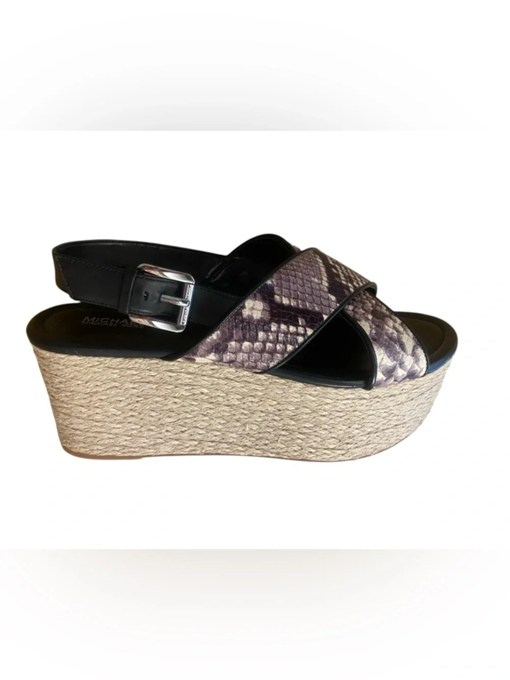 Michael Kors Women’s Snake Print Jodi Espadrille Wedge Sandal Black Brn New 9